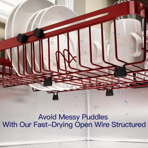 Red Expandable Dish Drying Rack Over Sink with Extra Drying Mat