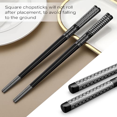 8 Pairs Metal Chopsticks Reusable Black Stainless Steel Chopsticks Set Laser Engraved Non (8 Count)