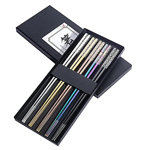 Metal Chopsticks Reusable Titanium Plated Stainless Steel Japanese Korean for Food & Cooking 9.5Inch Non (5 Count)