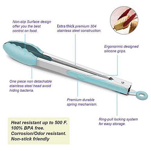 4 Pack Aqua Sky Silicone Kitchen Tongs Set