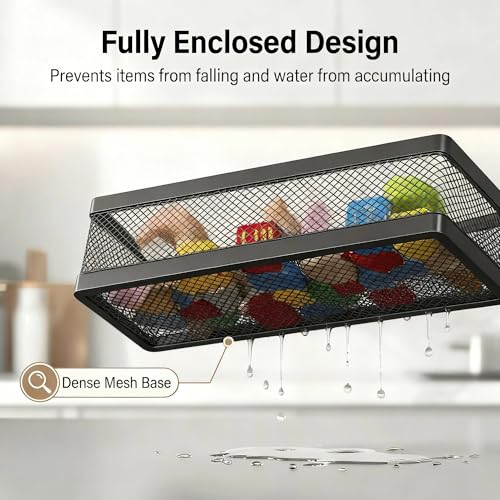 5-in-1 16.5" Extra Long Slim Wall Mount Wrapped Mesh Kitchen Organizer & Shower Caddy Kit, with Paper Towel Holder, Utensil Holder, Soap Dish, Holds 50LBS - Matte Black, Netting