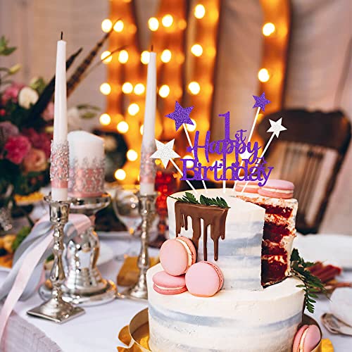 Purple Silver 1st Birthday Cake Topper with Glittery Stars (7 Count)