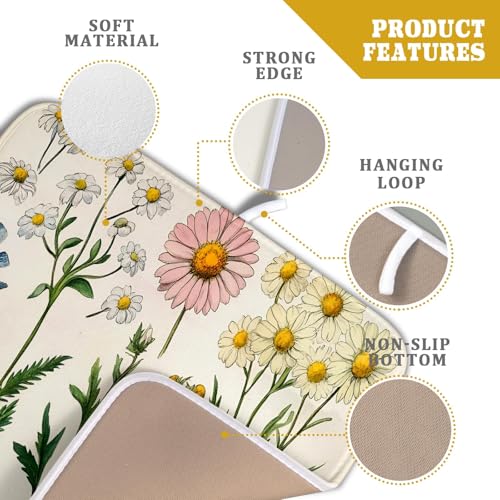 Vintage Wildflowers Dish Drying Pad Daisy Floral Microfiber Drainer Rack for Coffee Bar 16 X 18 Inch