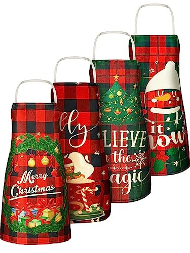 4 Pcs 21.7" x 26.8" Christmas Aprons Adjustable Kitchen Aprons Xmas Plaid Merry Christmas Bib for Adults (4 Count)