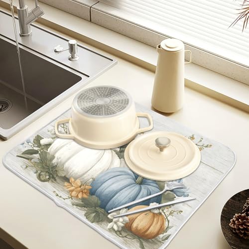 Fall Blue Orange Grey Pumpkin Thanksgiving Dish Drying Mat for Kitchen Counter Absorbent Microfiber Large Drying Pad Dish Mats for Kitchen Countertops 18 x 24 Inch
