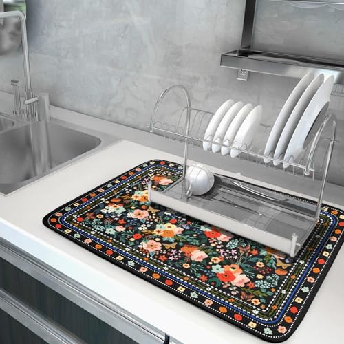 Floral Microfiber Dish Drying Mat Large Absorbent Dish Drainer Rack Pad for Kitchen Counter