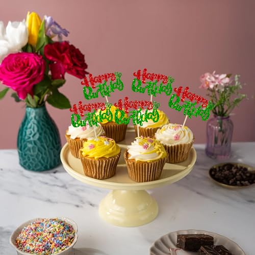 24Pcs Happy Birthday Cupcake Toppers Double Layer Glitter Happy Birthday Cake Decorations for Christmas Theme Baby Shower Anniversary Party Decorations Supplies Red Green (24 Count)