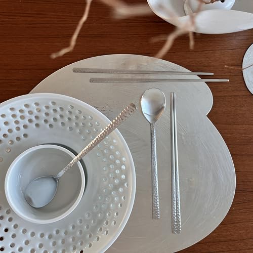 Korean Made Silver Glossy Hammered Stainless Steel Korean Spoon & Chopstick SET Stocking Stuffer Gift for Mom