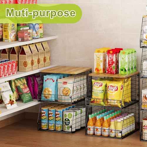 4 Pack Stackable Wire Baskets with Fixed Wooden Top (4 Count)