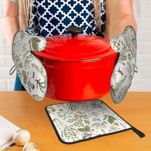 Vintage Floral Oven Mitts and Pot Holders Sets of 3 Cute Botanic (3 Count)