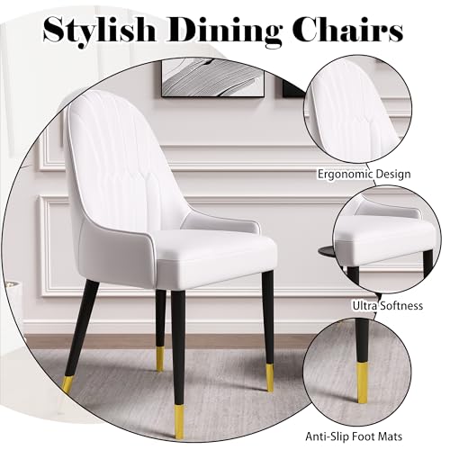 White Dining Chairs Set of 2 with High Backs Mid Century Modern Kitchen Dining Room Chairs PU Faux Leather Upholstered Large Padded Accent Chair with Legs (2 Count)