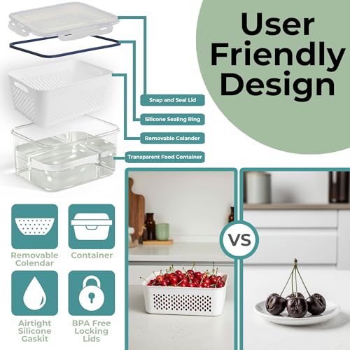 5 Pack Large Fruit Storage Containers for Fridge with Removable Colander (5 Count)