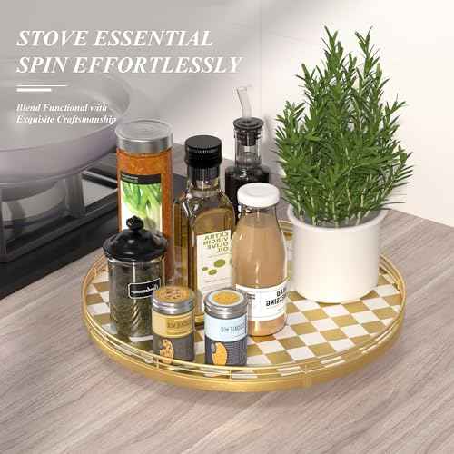 16 Inch Gold and White Checkerboard Lazy Susan with Rubberwood Base