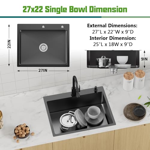 Black 27x22 Inch Drop In Kitchen Sink