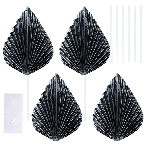 6Pcs Paper Palm Fan Cake Toppers Palm Spear Leaves Fan Cupcake Toppers Cake Insert Decorations Craft DIY Cake Bakeware Decoration for Birthday Party Wedding Party Decor Supplies Light Black (6 Count)