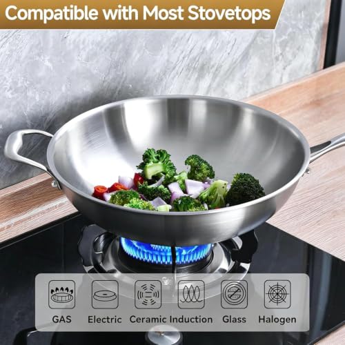 13 Inch Stainless Steel Wok with Glass Lid