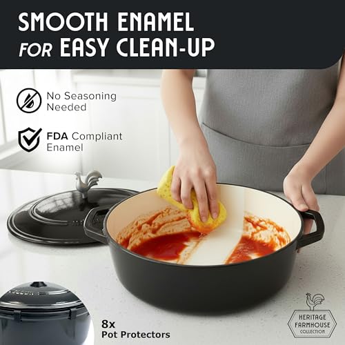 MUELLER HOME 5.5 Quart Enameled Cast Iron Oval Dutch Oven with Rooster Knob & Cotton Potholders