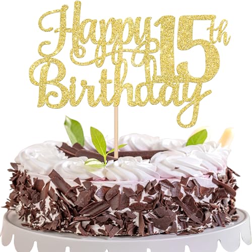 1 PCS Happy 15th Birthday Cake Topper Gold Glitter Cheers to 15 Years Birthday Cake Pick Mis Quince 15 Fabulous Cake Decoration for Happy 15th Birthday Theme Party Decorations Supplies