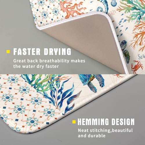 Nautical Coastal Dish Drying Mat Sea Turtle Seahorse Dish Drainer Pad 16"x18" Microfiber Reversible Fast Dry Pad for Kitchen Counter Decor