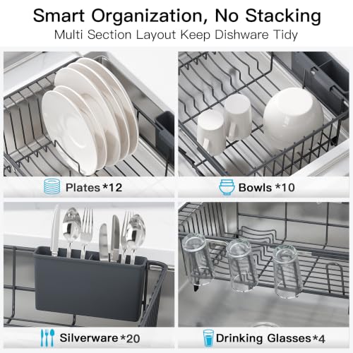 Gray Dish Drying Rack in Sink with Drainboard and Utensil Holder