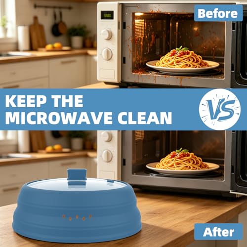 Microwave Splatter Cover Glass Cover Guard Lid with Collapsible Silicone for Food Pot Plate Cover 11.8 inch Blue