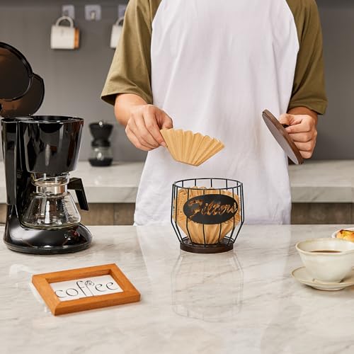 Metal Coffee Filter Storage Holder with Wooden Lid for 2