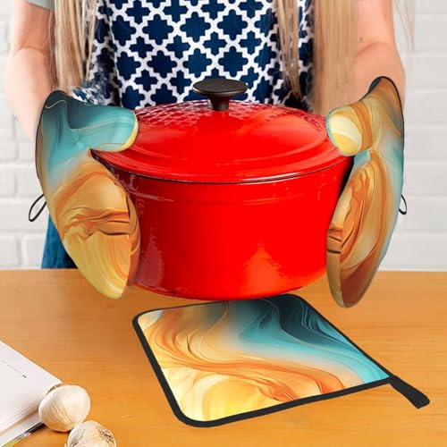 Orange Teal Marble Oven Mitts and Pot Holders Sets of 3 (3 Count)