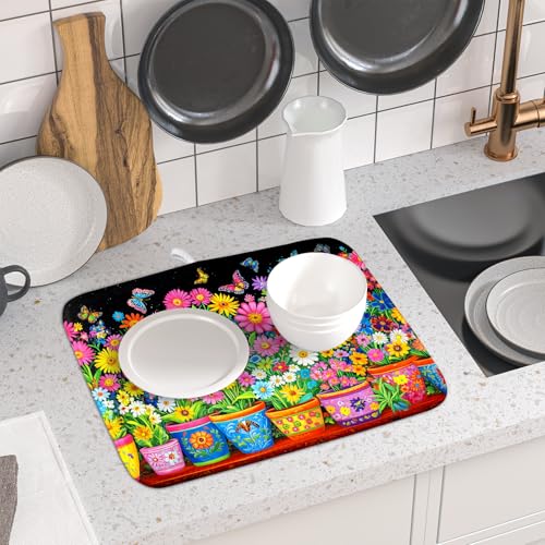 Colorful Floral Dish Drying Mat 16 X 18 Black Spring Flowers Absorbent Microfiber Kitchen Decor Counter Mats