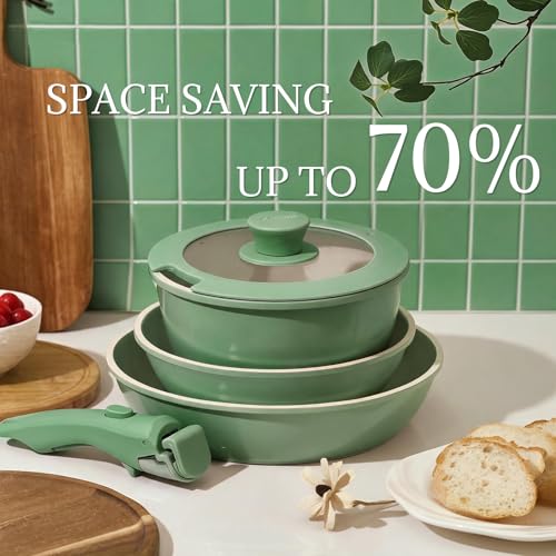 Ceramic Cookware Set Non Stick 8Pcs Pots and Pans Set Detachable Handle Induction Kitchen Cooking Set with Frying Pans Oven Dishwasher Safe