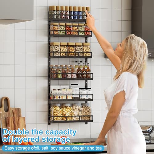 6-Tier Wall-Mounted Spice Rack Organizer with Mixed Basket Sizes, Height-Adjustable Hanging Spice Shelf for Kitchen Pantry Cabinet, Large-Capacity Seasoning Holder, Black