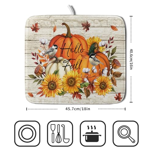 Hello Fall Dish Drying Mat Autumn Pumpkin Dish Drainer Rack Mats 16"x18" Fast Dry Microfiber Dish Drying Pad for Kitchen Countertop Table