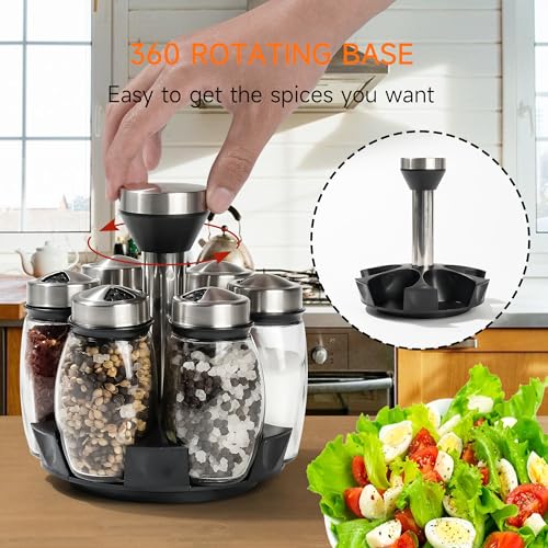 6 Pack Spinning Glass Spice Jars with Organizer Rack for Countertop (4.2329 Ounce)