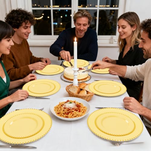 100pcs Elegant Yellow Plastic Plates with Gold Beaded for Wedding (100 Count)