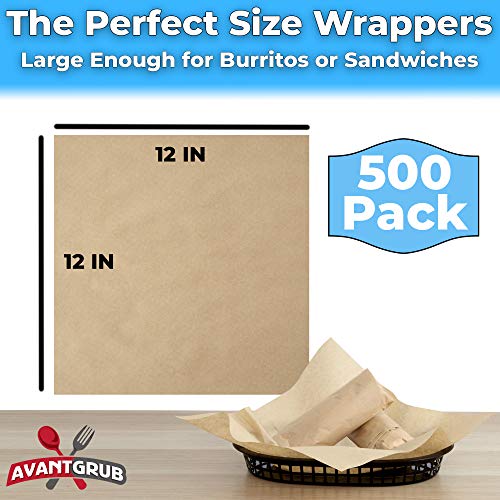 Eco Friendly Grease Proof 12" x 12" Deli Wrap 500 Pk. Best Kraft Food Wrapping Paper Sheets for Picnic (500 Count)