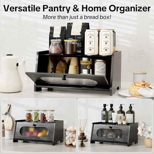 Black Bread Box for Kitchen Countertop