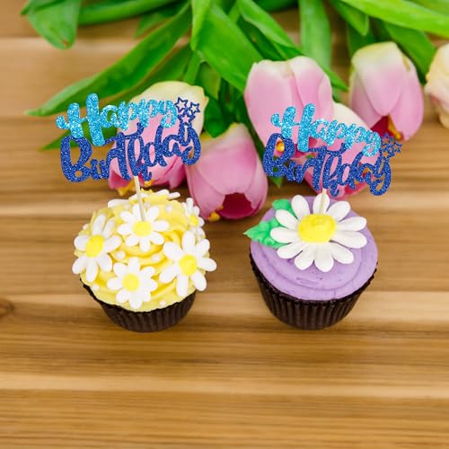 24Pcs Happy Birthday Cupcake Toppers Double Layer Glitter Happy Birthday Cake Decorations for Baby Shower Theme Kids Boys Girls Birthday Anniversary Party Decorations Supplies Blue (24 Count)