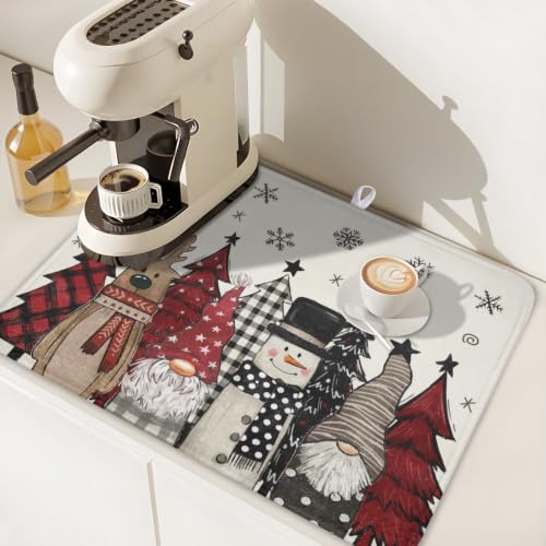 Winter Snowman Gnome Dish Drying Mat Xmas Tree Dishes Pad 18"x24" Microfiber Fast Dry Dish Drainer Rack Mats Kitchen Countertop Accessories