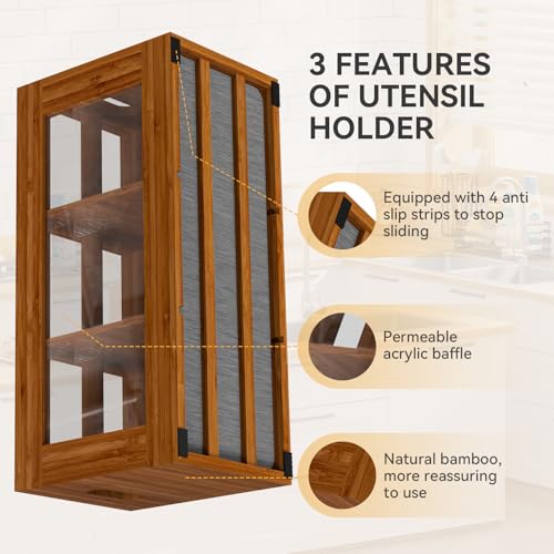 Bamboo Kitchen Utensil Holder with Drying Stone and 6 Compartments