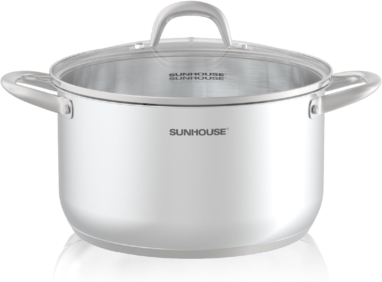 SUNHOUSE 8 Quart Stock Pot with Lid - 3-Ply Bottom Stainless Steel Pasta Cooking Canning Dutch Oven Pot - Induction Compatible for All Stovetops - Dishwasher Safe & Oven Safe - Culinary Roots
