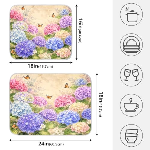 Vintage Flowers Spring Summer Dish Drying Mat for Kitchen Counter Absorbent Microfiber Hydrangea Butterfly Large Drying Pad Dish mats for Kitchen Countertops 18 x 24 Inch