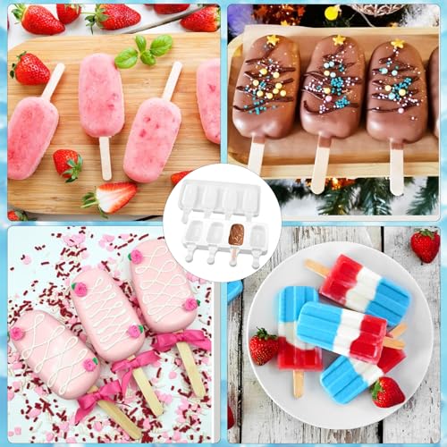 4 Set Silicone Popsicle Molds 4 Cavities Ice Cream Oval Cake Molds with 200 Sticks (4 Count)