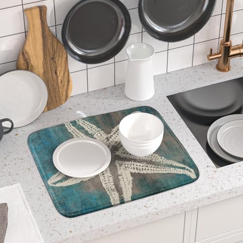Vintage Starfish Dish Drying Mat Coastal Beachy Nautical Drainer Rack Mat 16"x18" Absorbent Washable Dish Dry Pad for Kitchen Counter Sink