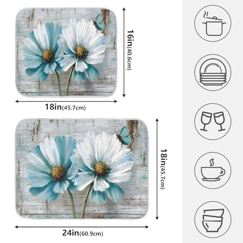 Rustic Teal White Daisy on Vintage Wooden Dish Drying Mat for Kitchen Counter Absorbent Microfiber Small Drying Pad Dish Mats for Kitchen Countertops 16 x 18 Inch