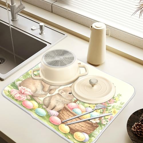 Cute Easter Bunny Rabbit Eggs Dish Drying Mat for Kitchen Counter Absorbent Microfiber Small Drying Pad Dish Mats for Kitchen Countertops 16 x 18 Inch