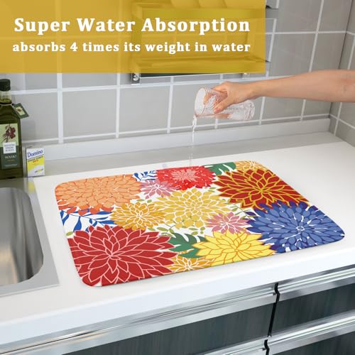 Modern Floral Dish Drying Mat Large Multicolored Tropical Drying Pad for Kitchen Counter