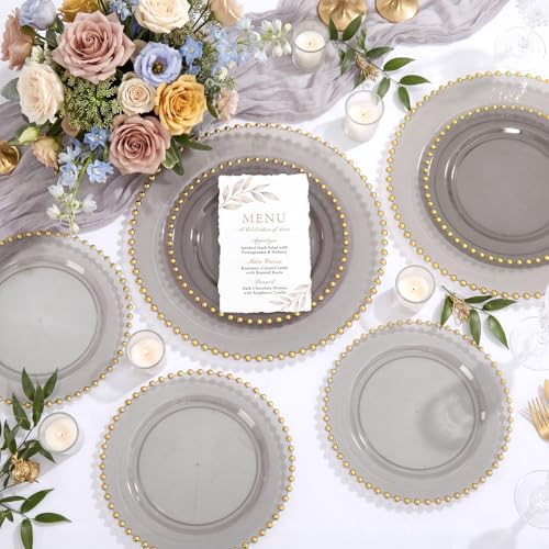 100pcs Elegant Clear Black Plastic Plates with Gold Beads for Gala (100 Count)