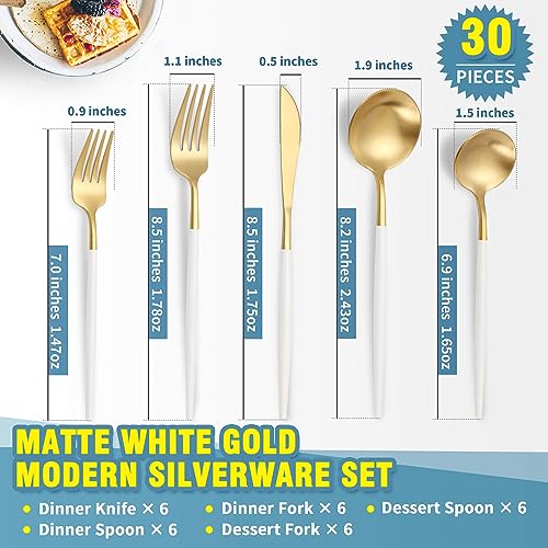 Matte White Gold Silverware Set for 6 (30 Count)
