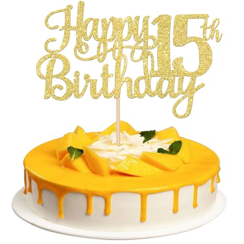 1 PCS Happy 15th Birthday Cake Topper Gold Glitter Cheers to 15 Years Birthday Cake Pick Mis Quince 15 Fabulous Cake Decoration for Happy 15th Birthday Theme Party Decorations Supplies