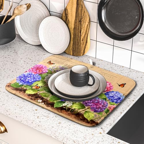 Vintage Hydrangea Dish Drying Mat Watercolor Floral Microfiber Absorbent Dish Drying Pad for Kitchen Counter Small