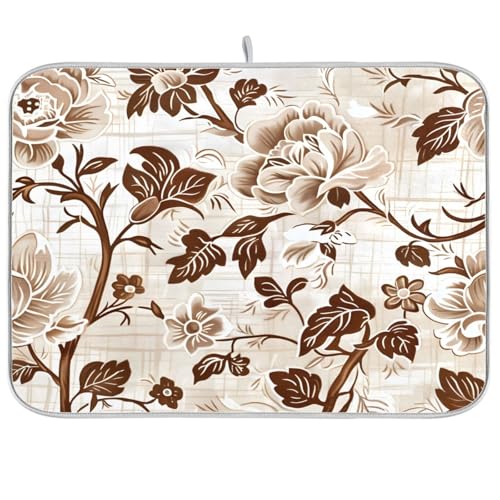 Brown Beige Floral Leaves Dish Drying Mat for Kitchen Counter Absorbent Microfiber Drying Pad